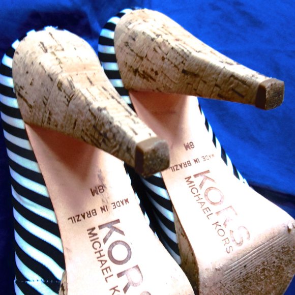 PAIR of MICHAEL KORS BLACK STRIPE FABRIC HIGH HEEL SHOE - Picture 7 of 10